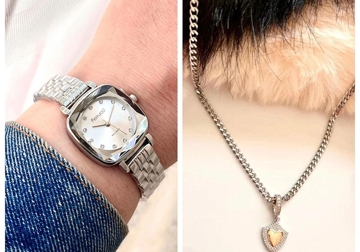 Ferrucci Kare Kadran Zarif Şık Çelik Kadın Kol Saati+%100 Çelik Kolye  Hediye