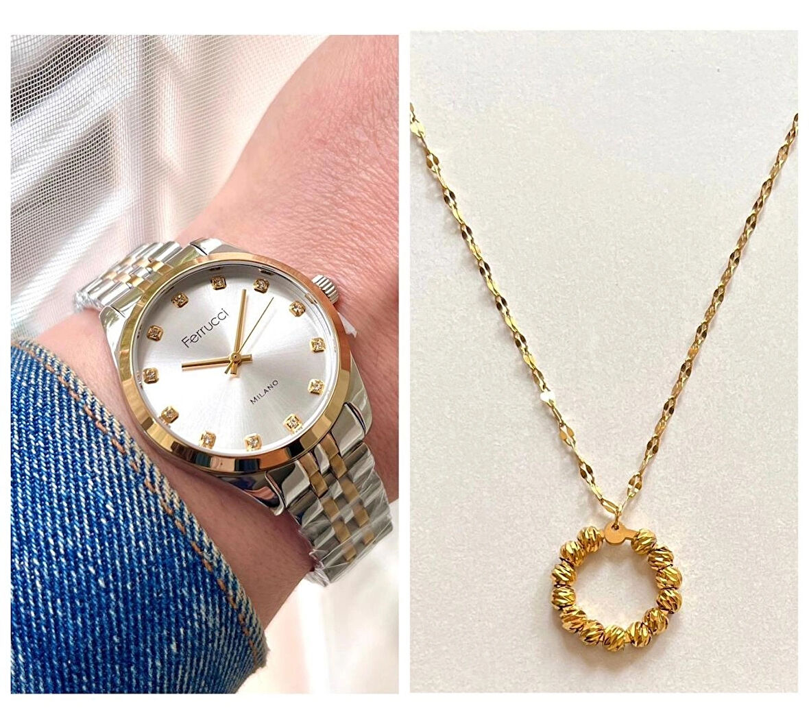 Ferrucci Zirkon Taşlı Kadın Kol Saati+%100 Çelik Dorikalı Kolye Hediye