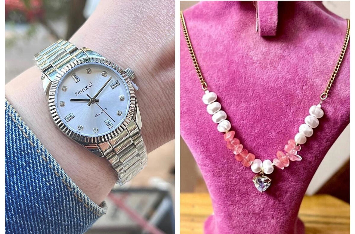 Ferrucci Taşlı Kadran Rolex Kasa Çelik Kadın Kol Saati+Çelik Kolye Hediye