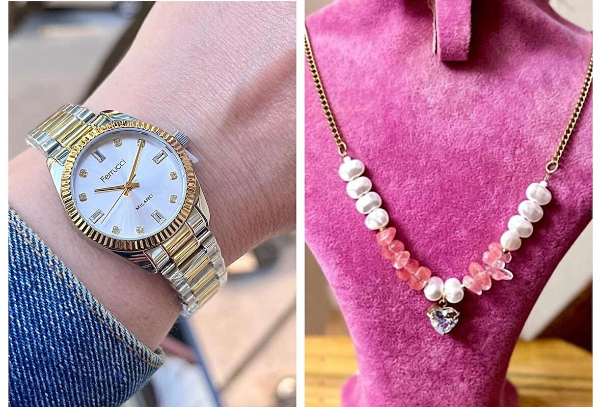 Ferrucci Taşlı Kadran Rolex Kasa Çelik Kadın Kol Saati+Çelik Kolye Hediye