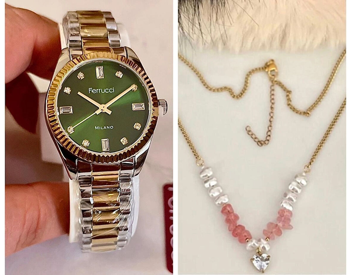 Ferrucci Taşlı Kadran Rolex Kasa Çelik Kadın Kol Saati+Çelik Kolye Hediye