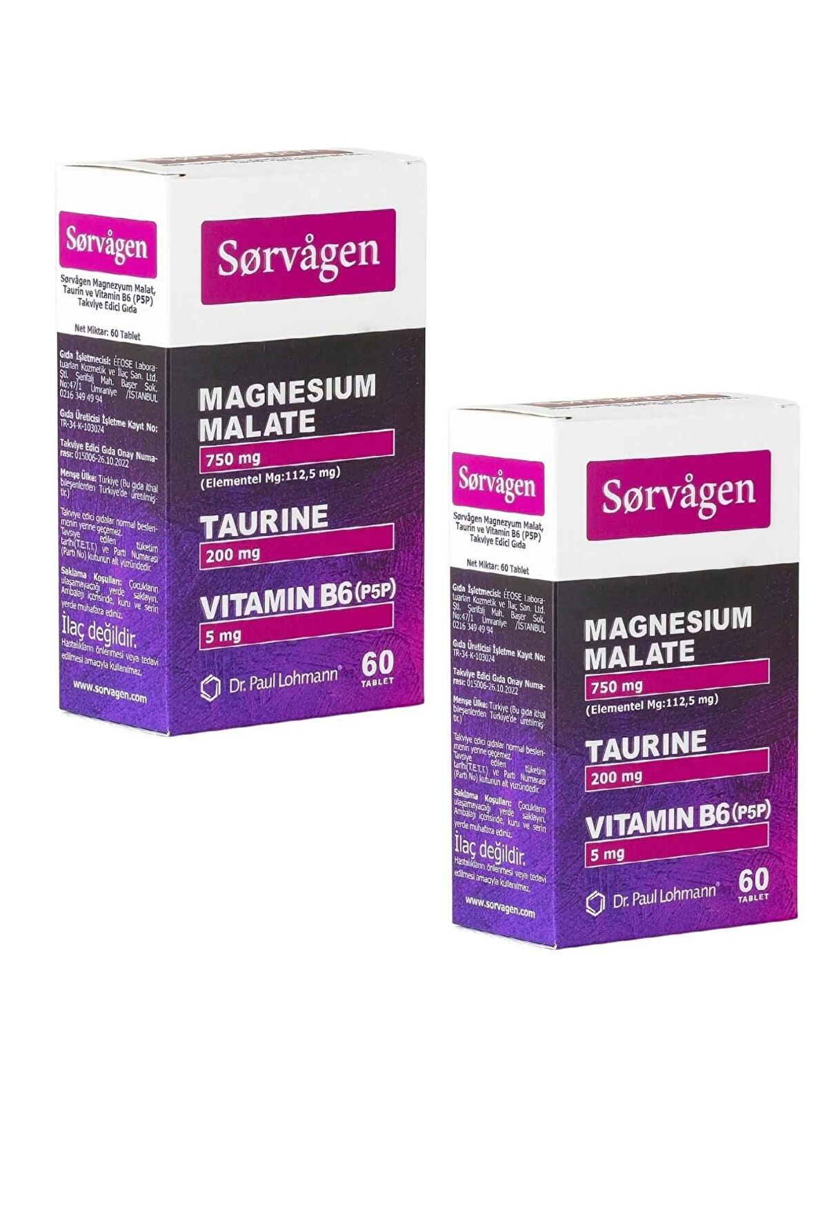  Sorvagen Magnezyum Malat Taurin ve Vitamin B6 60 Tablet 2'li Paket