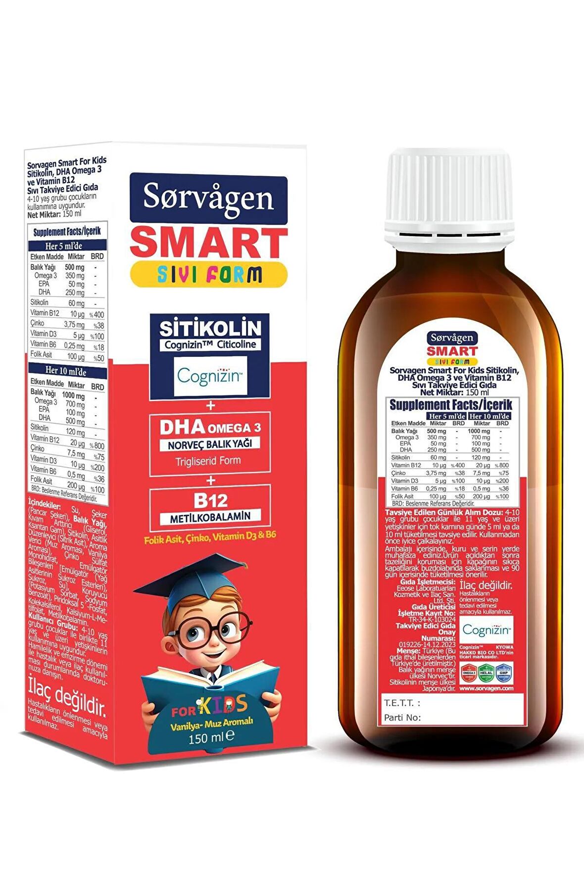 Sorvagen Smart Kids Sitikolin, DHA, Omega 3, B12 ve Norveç Balık Yağı Sıvı Form 150 ml