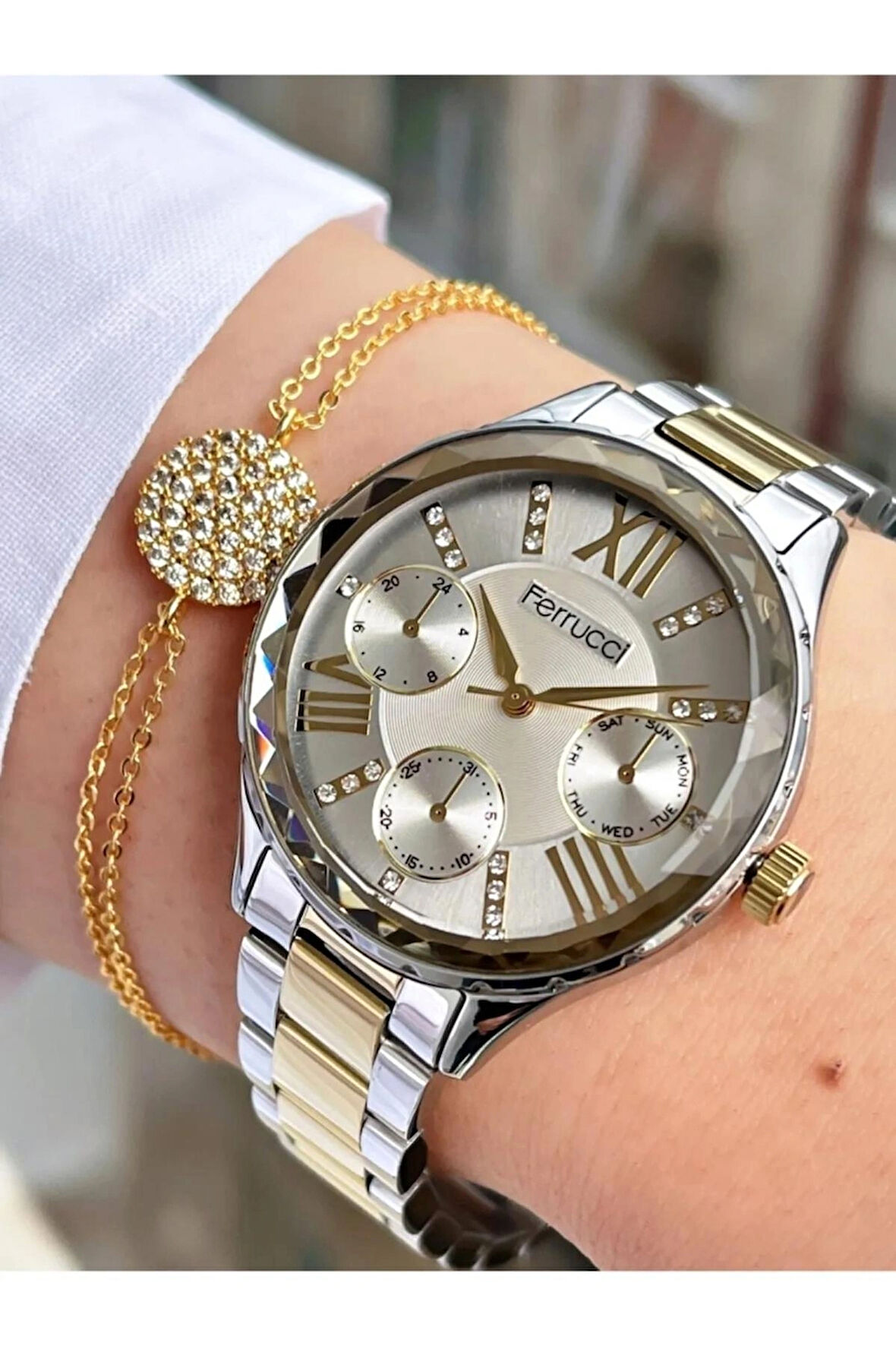 Ferrucci Kristal Efektli Kasa Çelik Kadın Kol Saat+Bileklik Hediye