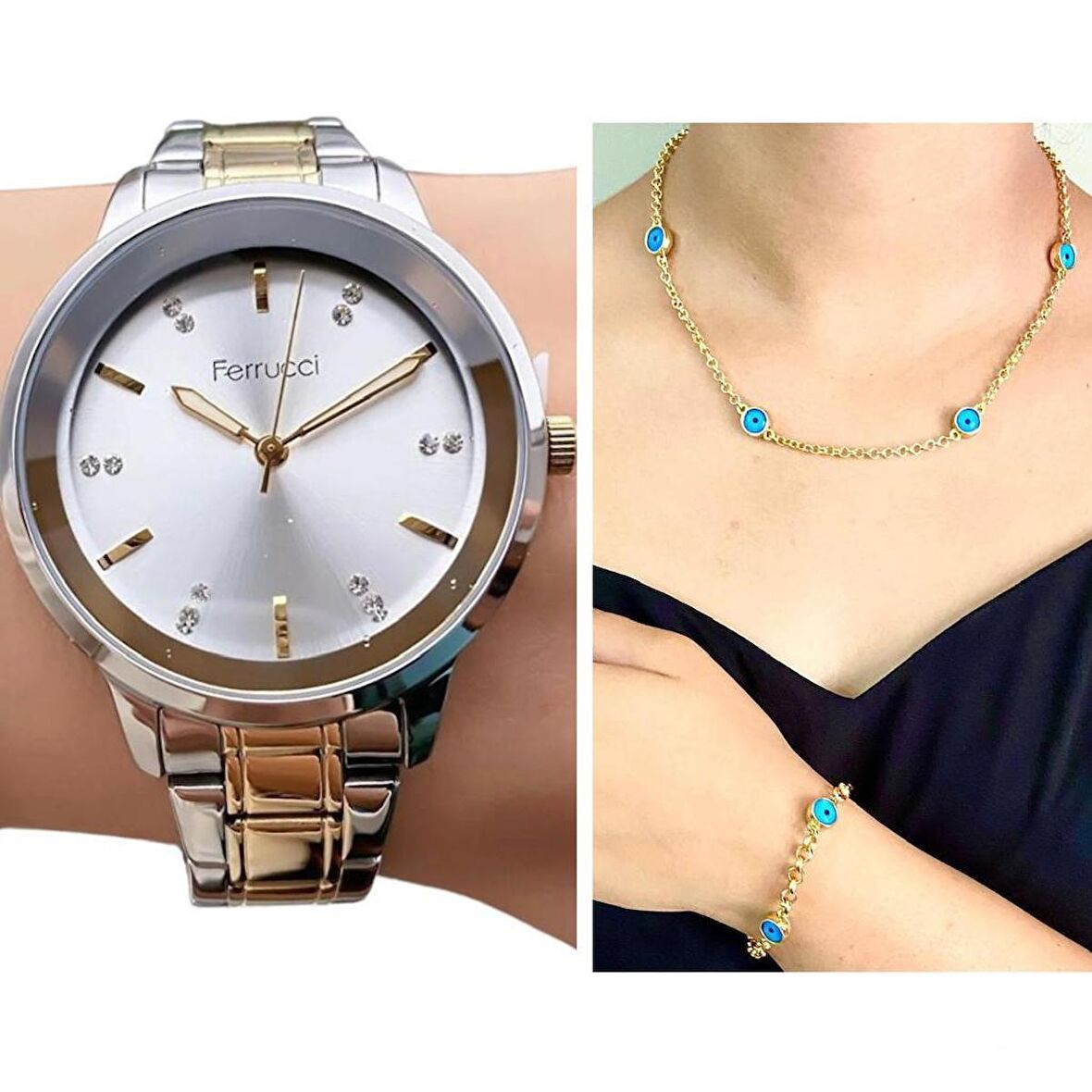 Ferrucci 1. Sınıf Çelik Şık Yeni Sezon Kadın Kol Saat+Nazarlıklı Set