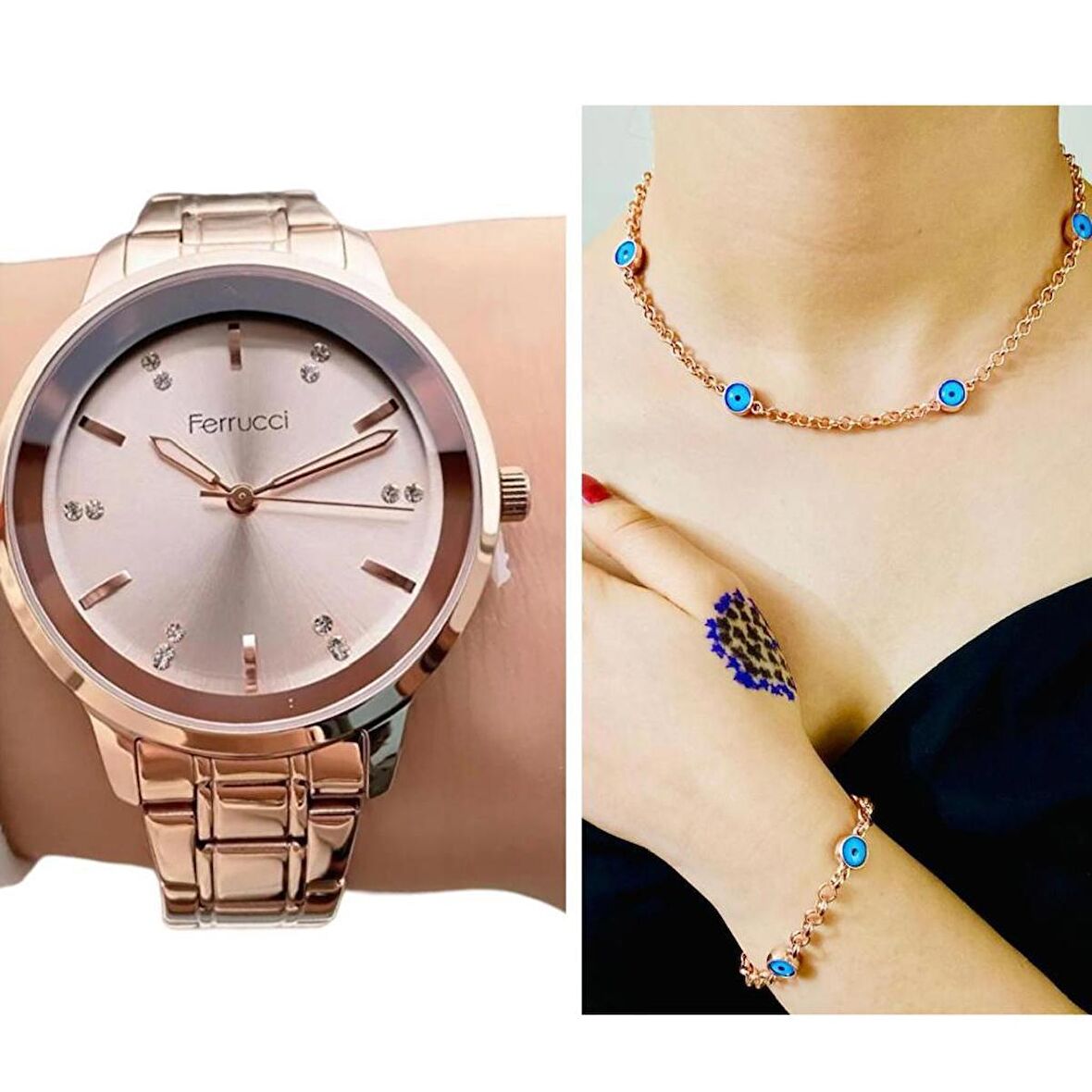 Ferrucci 1. Sınıf Çelik Şık Yeni Sezon Kadın Kol Saat+Nazarlıklı Set