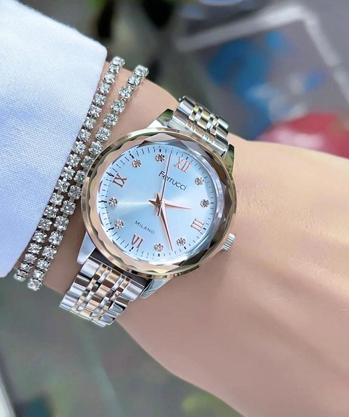 Ferrucci Jübile Kordon Kesme Camlı Çelik Kadın Kol Saat+Bileklik Hediyeli