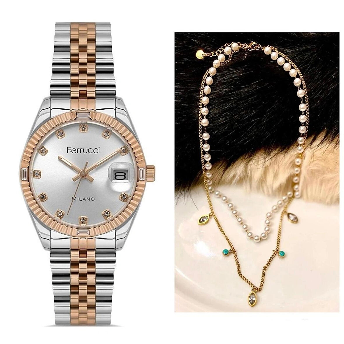 Ferrucci Zirkon Taşlı Takvimli Kadın Kol Saati+%100 Çelik Kolye Hediyeli