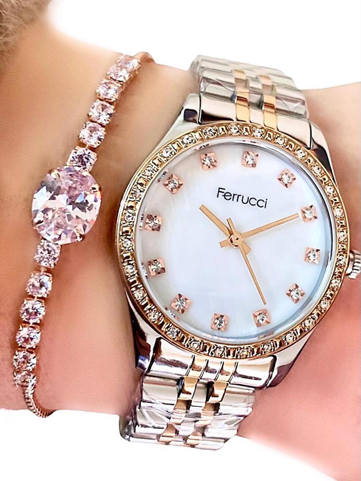 Ferrucci Zirkon Taşlı Şık 1. Sınıf Çelik Kadın Kol Saat+Bileklik