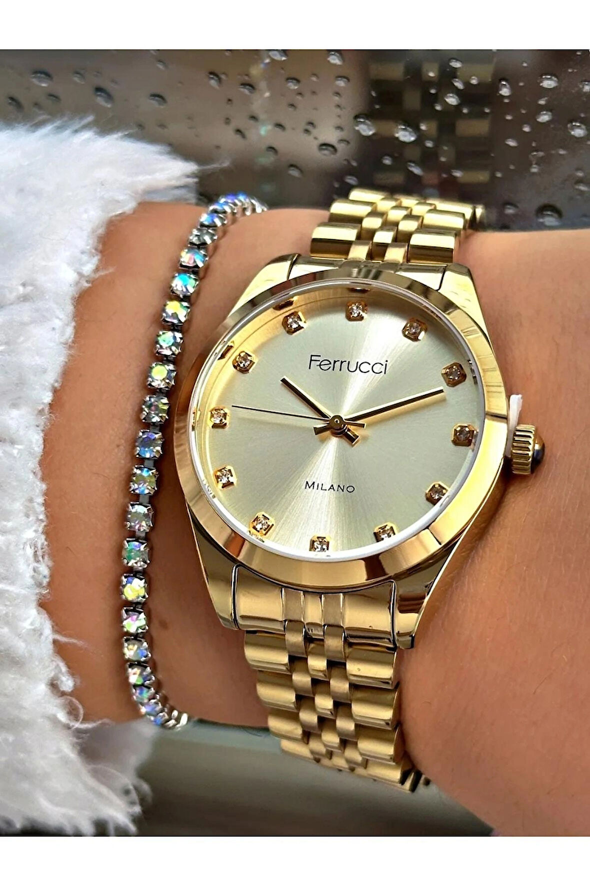 Ferrucci Milano Şık Taşlı Jübile Kordon Kadın Kol Saati+Bileklik Hediyeli