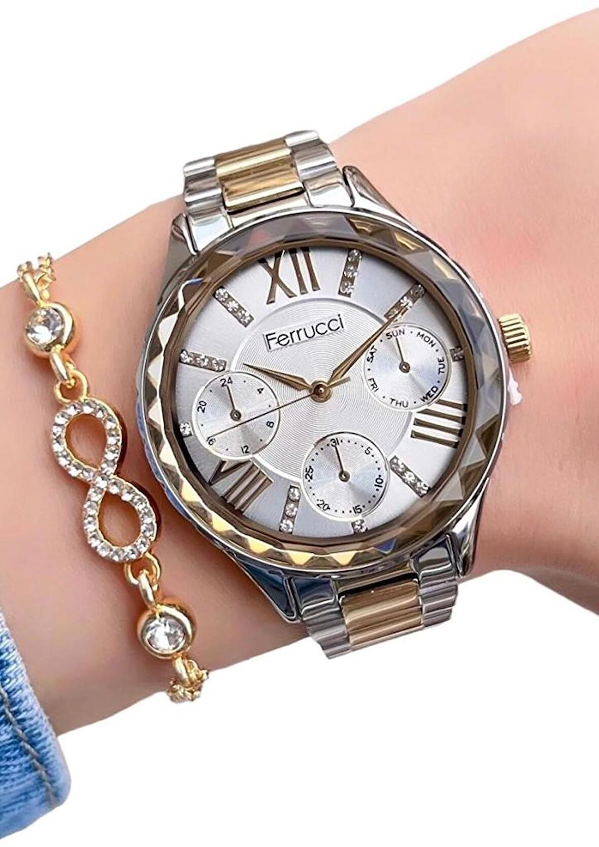 Ferrucci 1. Sınıf Çelik Zirkon Taşlı Şık Yeni Sezon Kadın Kol Saat+Bileklik