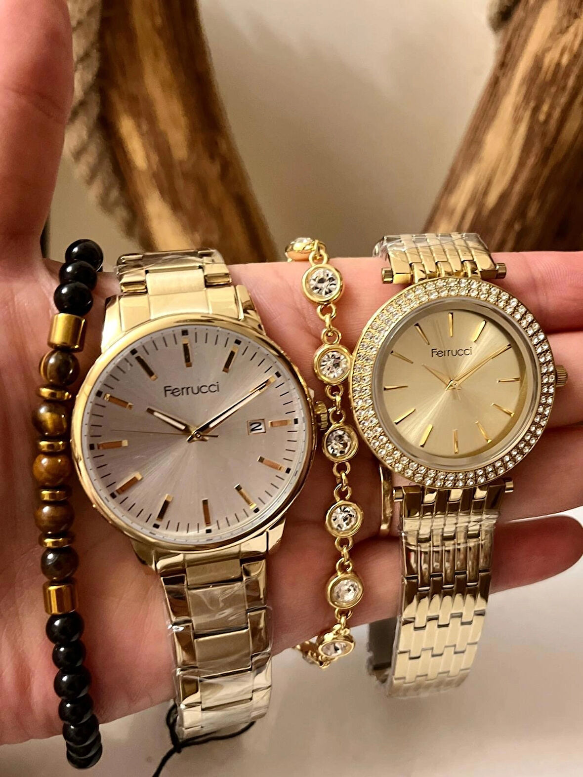 Ferrucci Gold Çelik Şık Sevgili Çift Saat Kombin+Bileklik