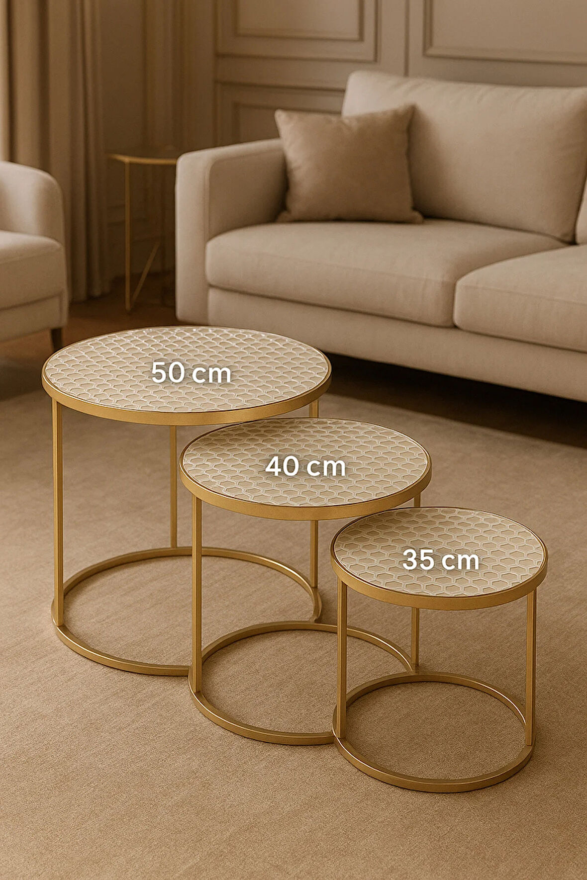 3’lü Zigon Sehpa Örtüsü | Bal Peteği Desenli PVC Krem| Lüks Su Geçirmez Silinebilir Çeyizlik Model
