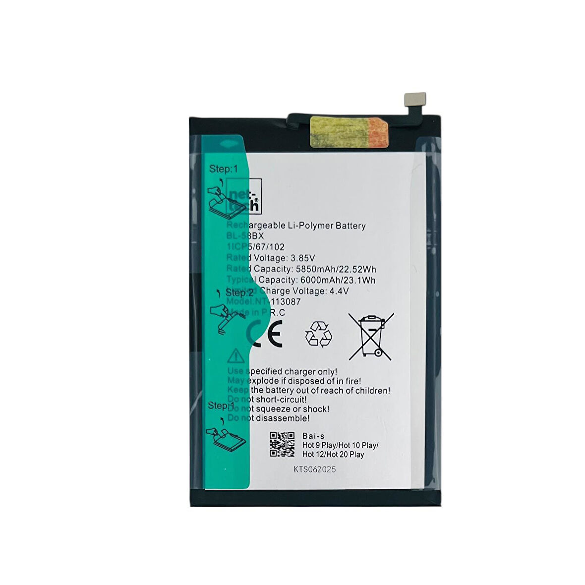 Teknonet İnfinix Hot 9 Play Uyumlu Nettech BL-58BX 6000 MAh Batarya NT-113087