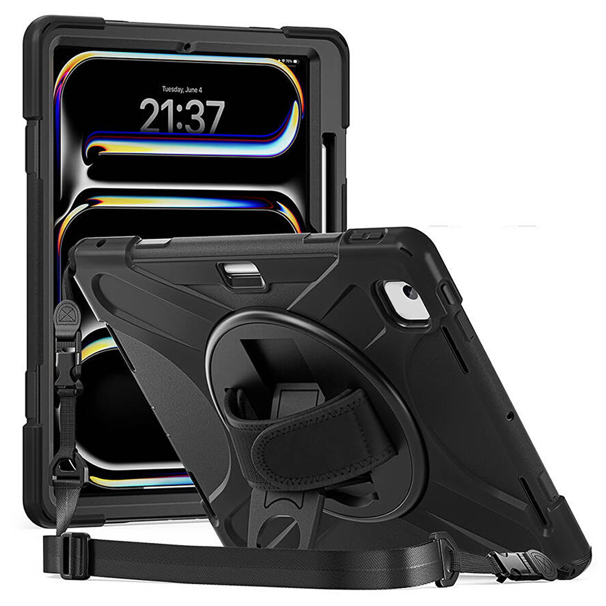 iPad Air 13 2024 Uyumlu Defender Standlı Zırhlı Silikon Tablet Kılıfı (Siyah)