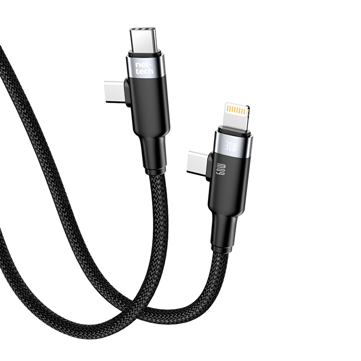 Nettech NT-DC45 60W+30W Plastik 100 Cm Type-C To Type-C+Lightning Şarj ve Data Kablosu (Siyah)