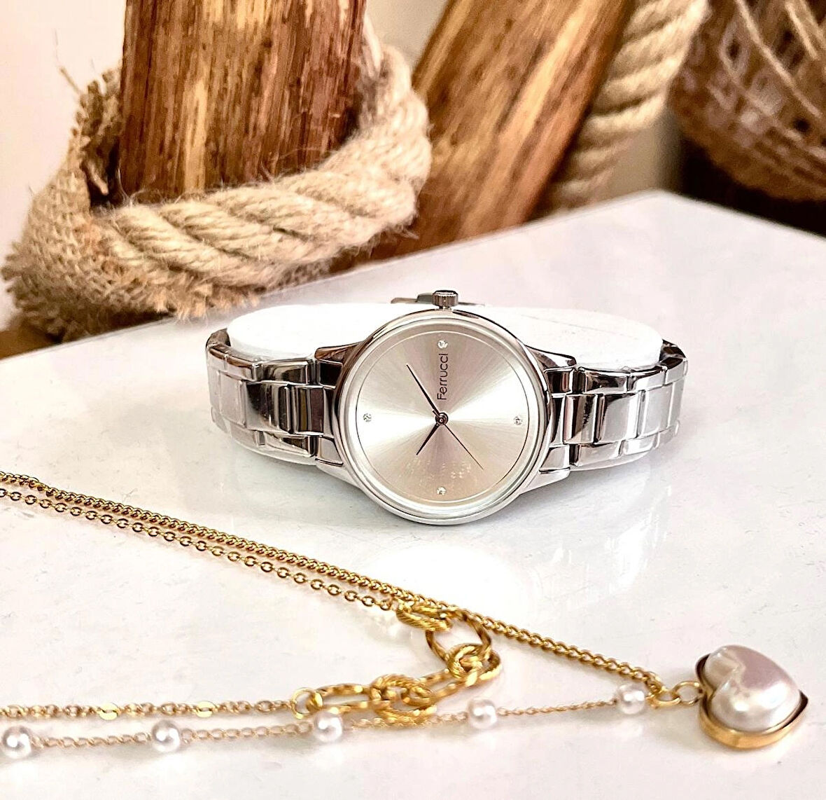 Ferrucci Silver Sade Şık Çelik Kadın Kol Saat+%100 Çelik Kolye Hediyeli