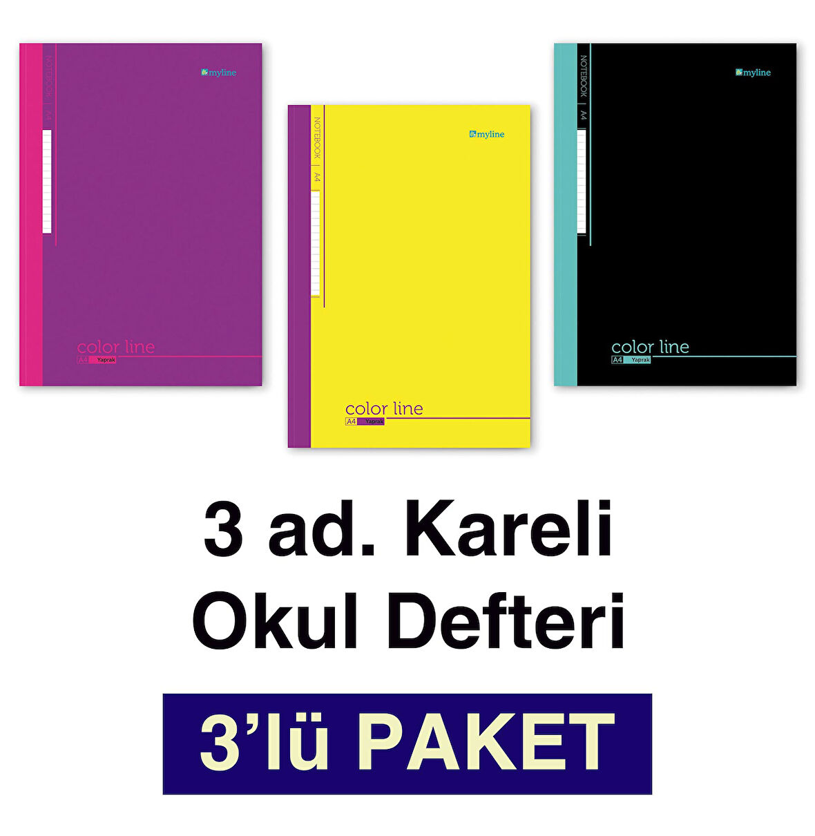 A4 Okul Defteri 3'lü PAKET Kareli 60 yp. Dikişli