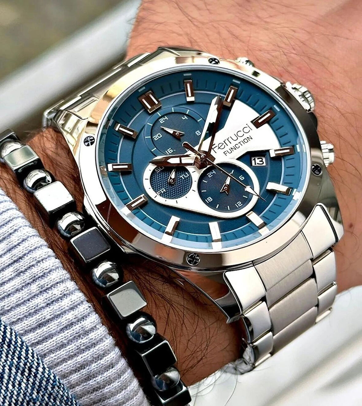 Ferrucci Fonksiyonlu&Takvimli Çelik Erkek Kol Saati+Bileklik Hediye