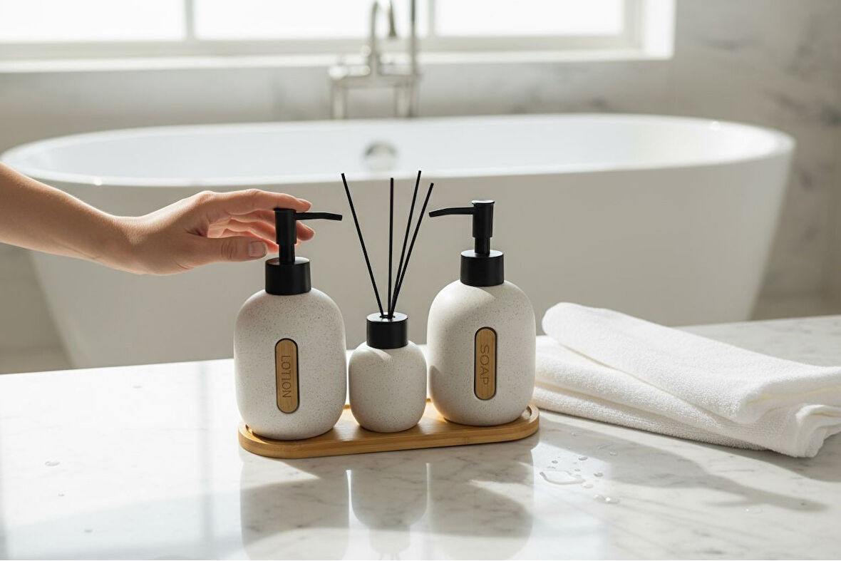 Bounies banyo seti takımı - sıvı sabunluk seti bambu altlıklı 4 parça bej