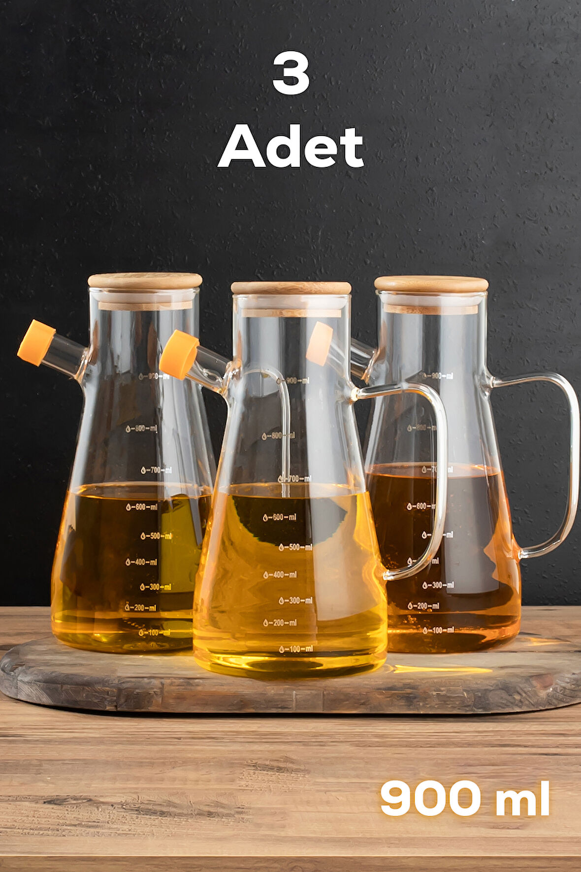 Thn 3 lü bambu kapaklı cam yağlık sirkelik zeytin yağlık 900 ml. cam sürahi