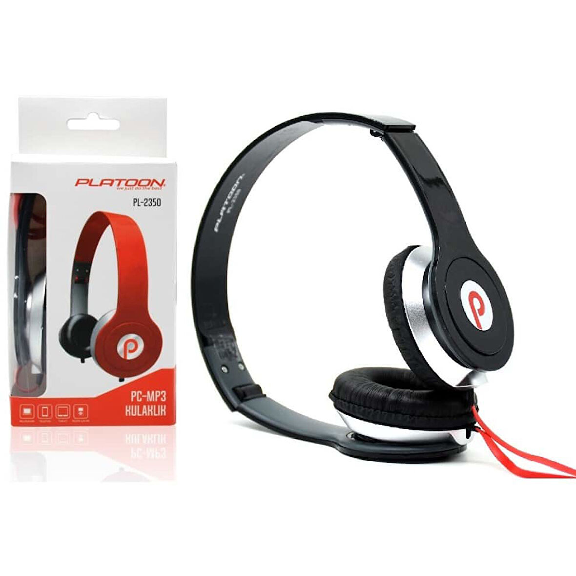 (Siyah-Kırmızı) Solo Mp3 ve Bilgisayar Kablolu Kulaklık Platoon PL-2350