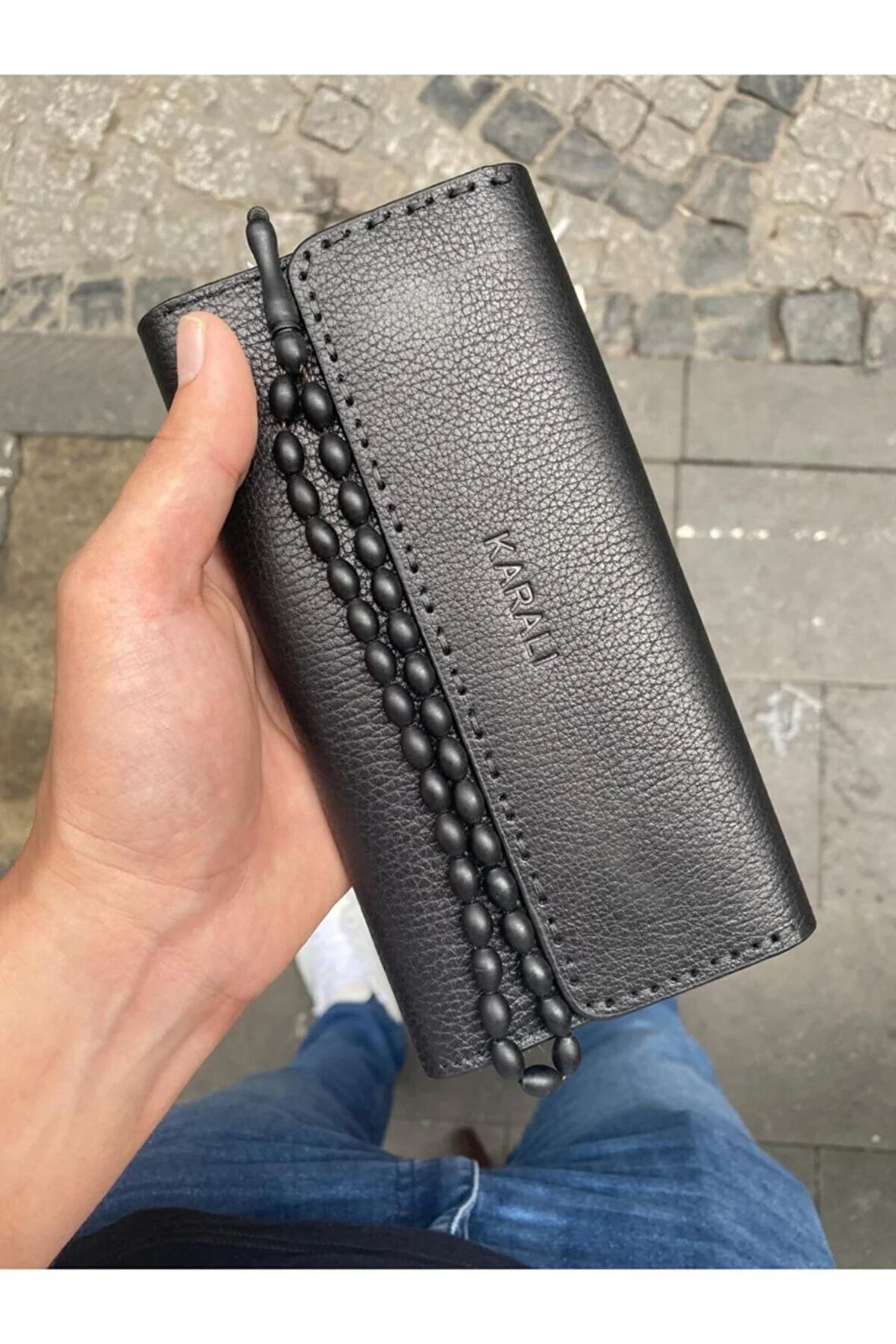 Karalı Hakiki Deri Telefonluk Unisex Cüzdan Tesbih Hediyeli- Siyah Gtc-4