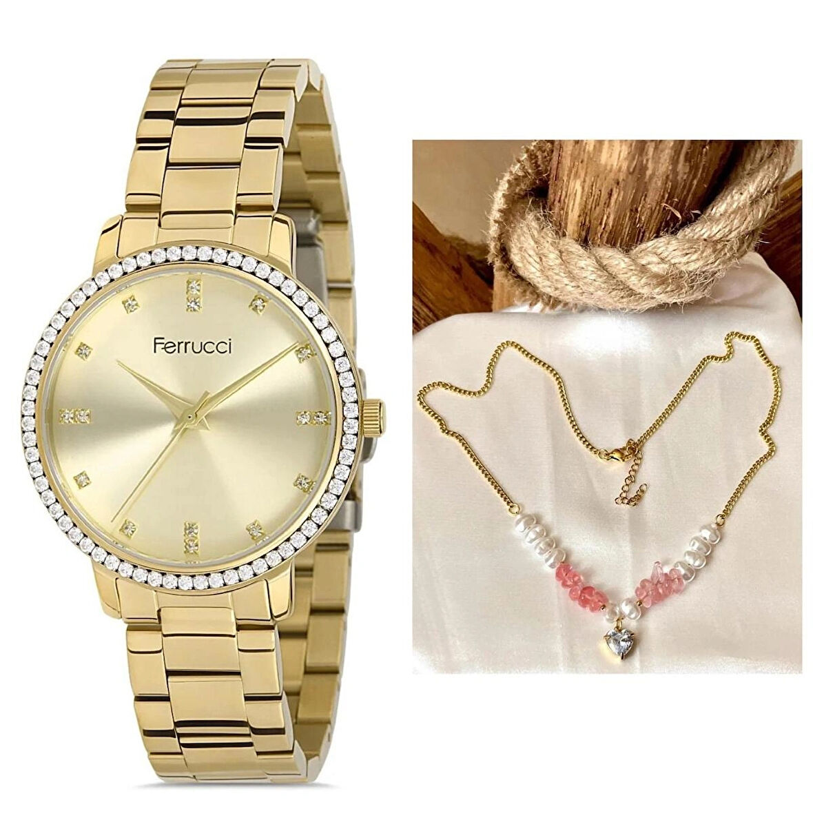 Ferrucci Gold Çelik Taşlı Şık Kadın Kol Saati+%100 Çelik Kolye Hediye