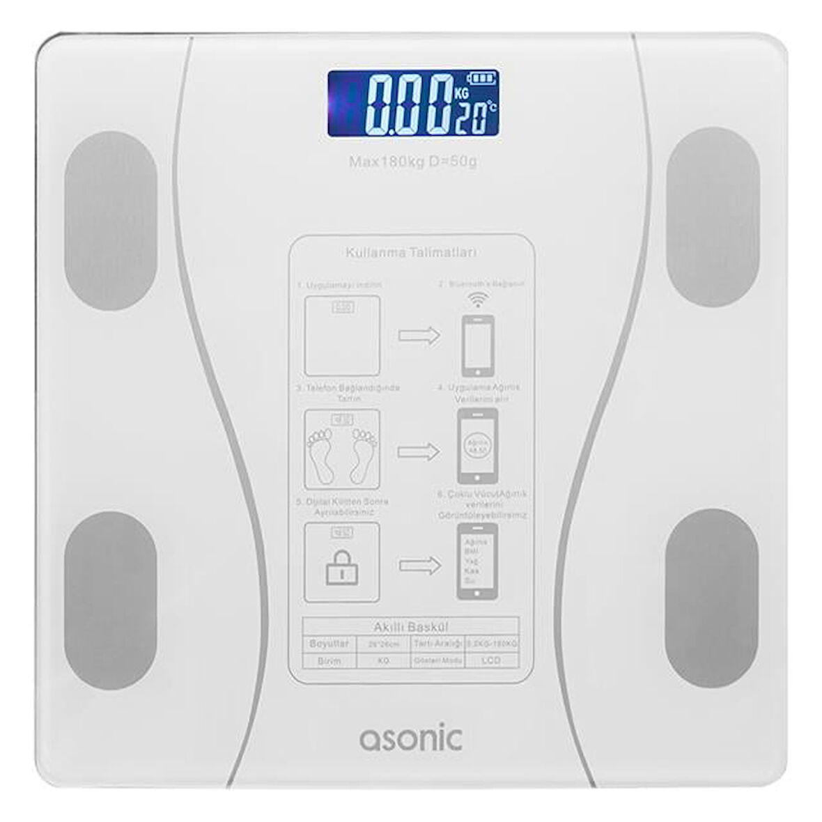 Asonic BS260 Beyaz 260X260 Mm Dijital Bluetooth Baskül (2*AAA Pil Hediyeli)