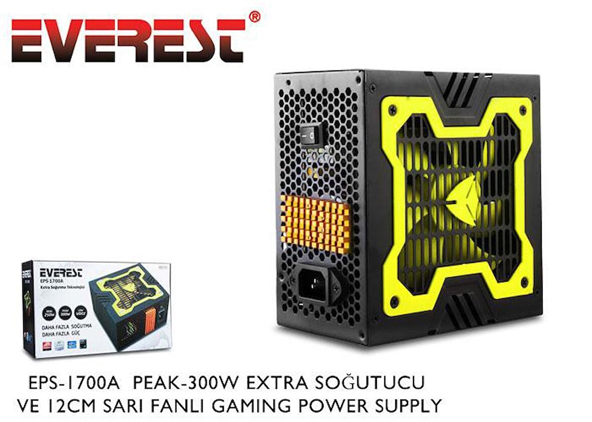 Everest EPS-1700A Peak 300W Extra Soğutucu 12cm Sarı Fan Gaming Power Supply