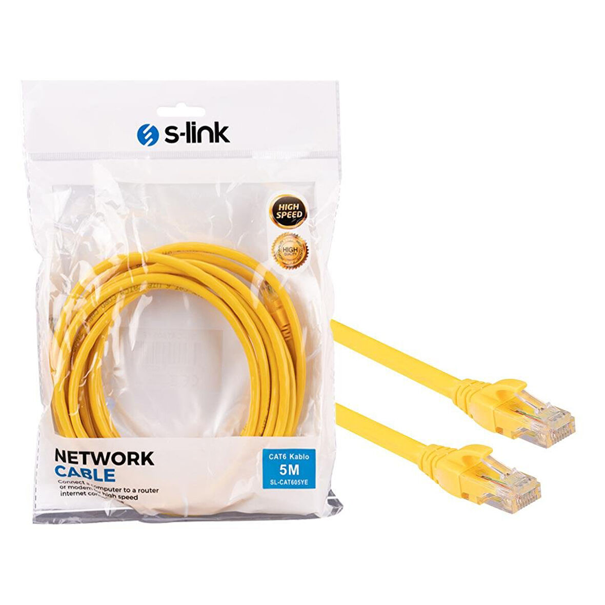 S-Link SL-CAT605YE Cat6 5 Metre RJ45 Patch Network Ethernet İnternet Kablosu Jack Soketleri Takılı Hazır Kablo
