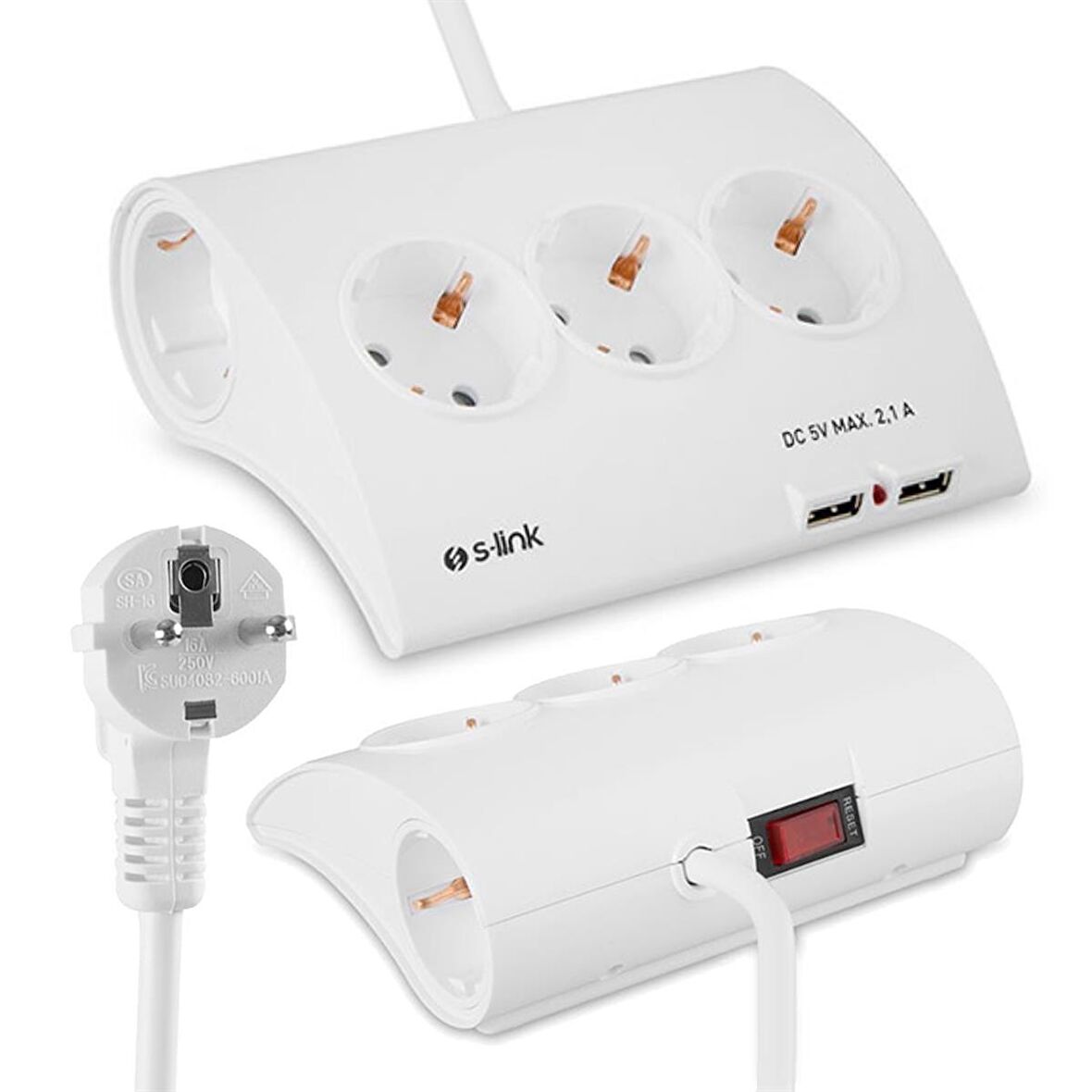 S-Link SPG9-5-15 Akım Koruma ve 2 Adet 2.1A Usb Şarj Soketli Beşli Masaüstü Grup Priz - 18813