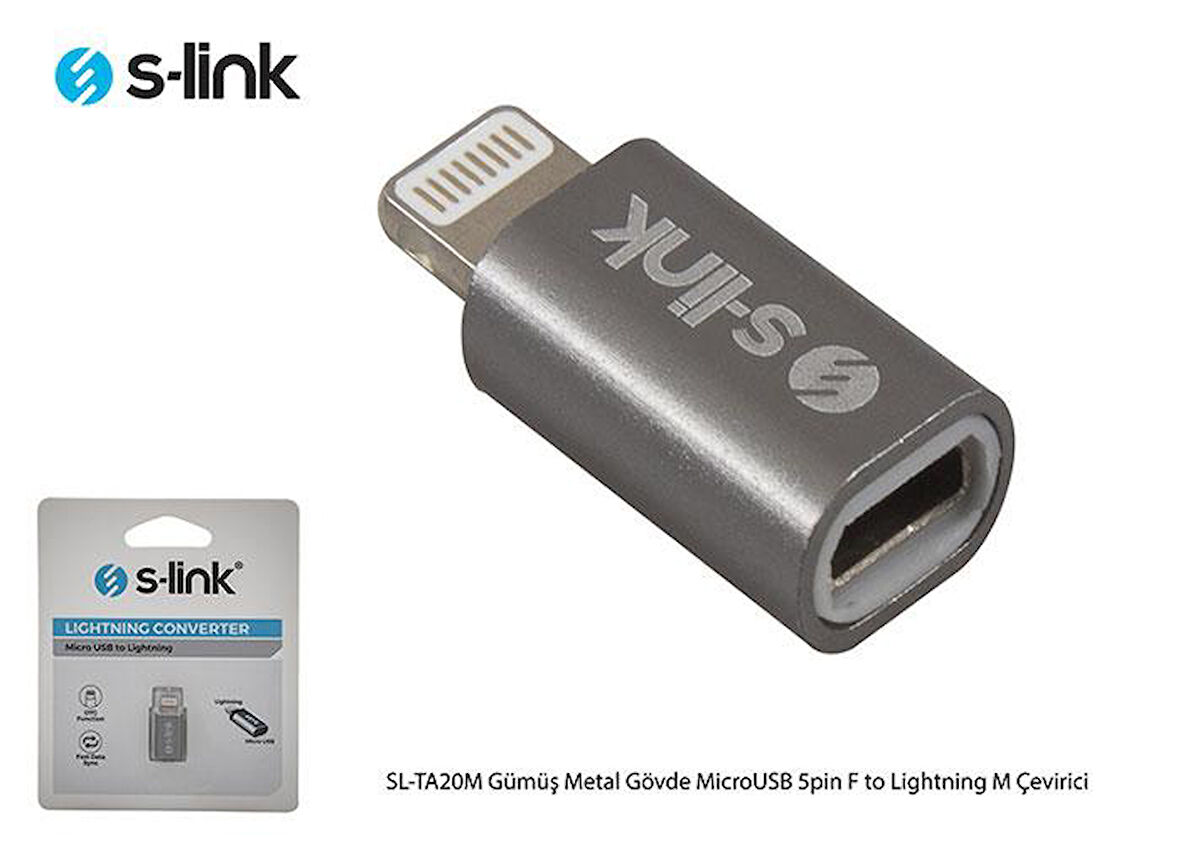 S-link SL-TA20M Gümüş Metal Gövde Micro Usb 5pin F To Lightning M Çevirici