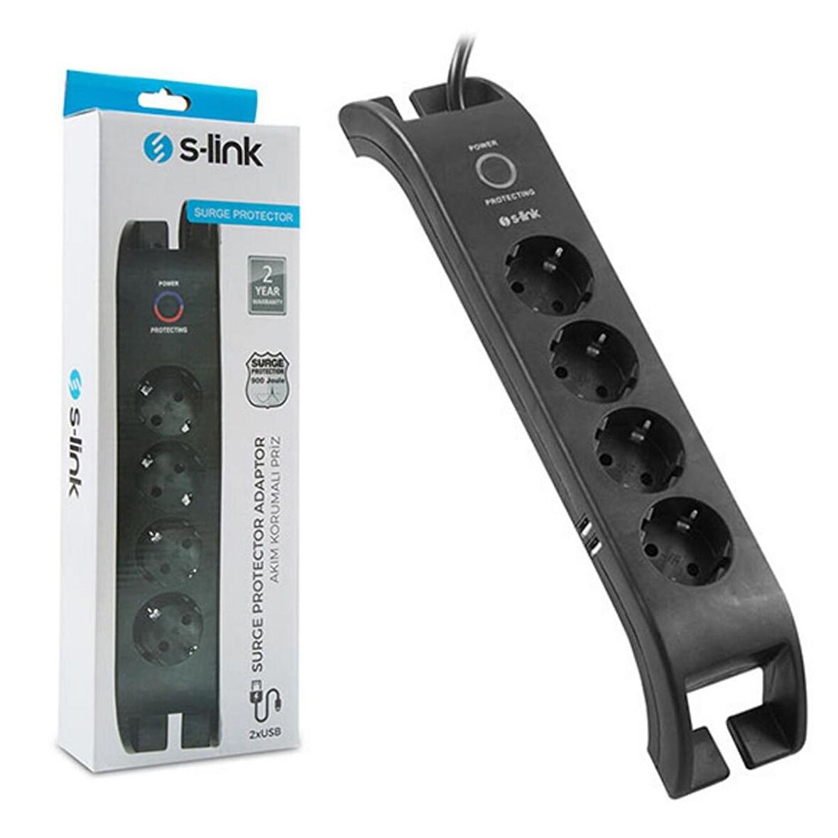 S-link SPG3041 2m 2xUSB=2.4a 3G1.5mm2 900 Joule 4'lü Akım Korumalı Siyah Priz 30483