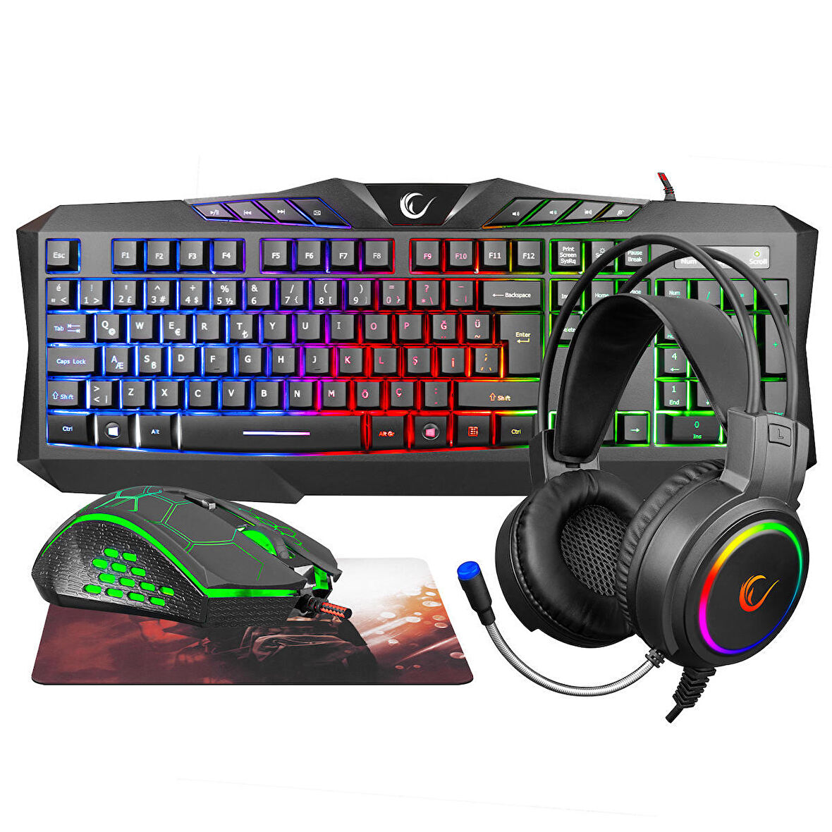 Rampage KM-404 ARGENTI Rainbow Aydınlatmalı USB Gaming Combo Q Klavye + Kulaklık + Mouse + Mousepad