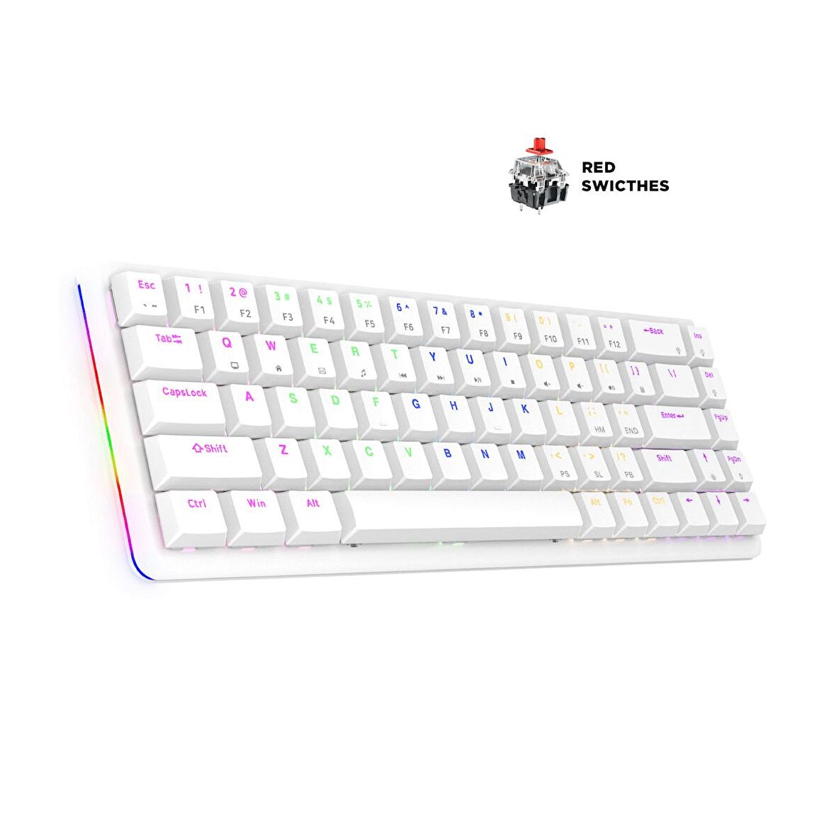 Rampage Rebel Beyaz Low Profile Red Switch Us Layout Rainbow Mekanik Gaming Oyuncu Klavye