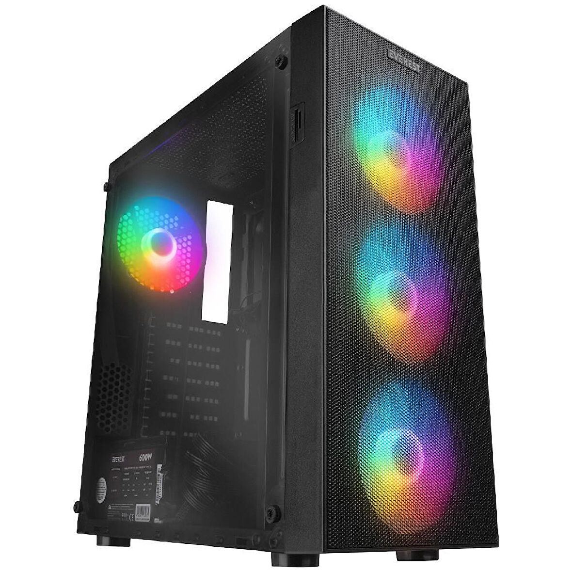 Everest Faced V5 Mesh 600W Siyah Temperli Cam 4x120mm Rainbow Fan ATX Mid-Tower Gaming (Oyuncu) Kasası