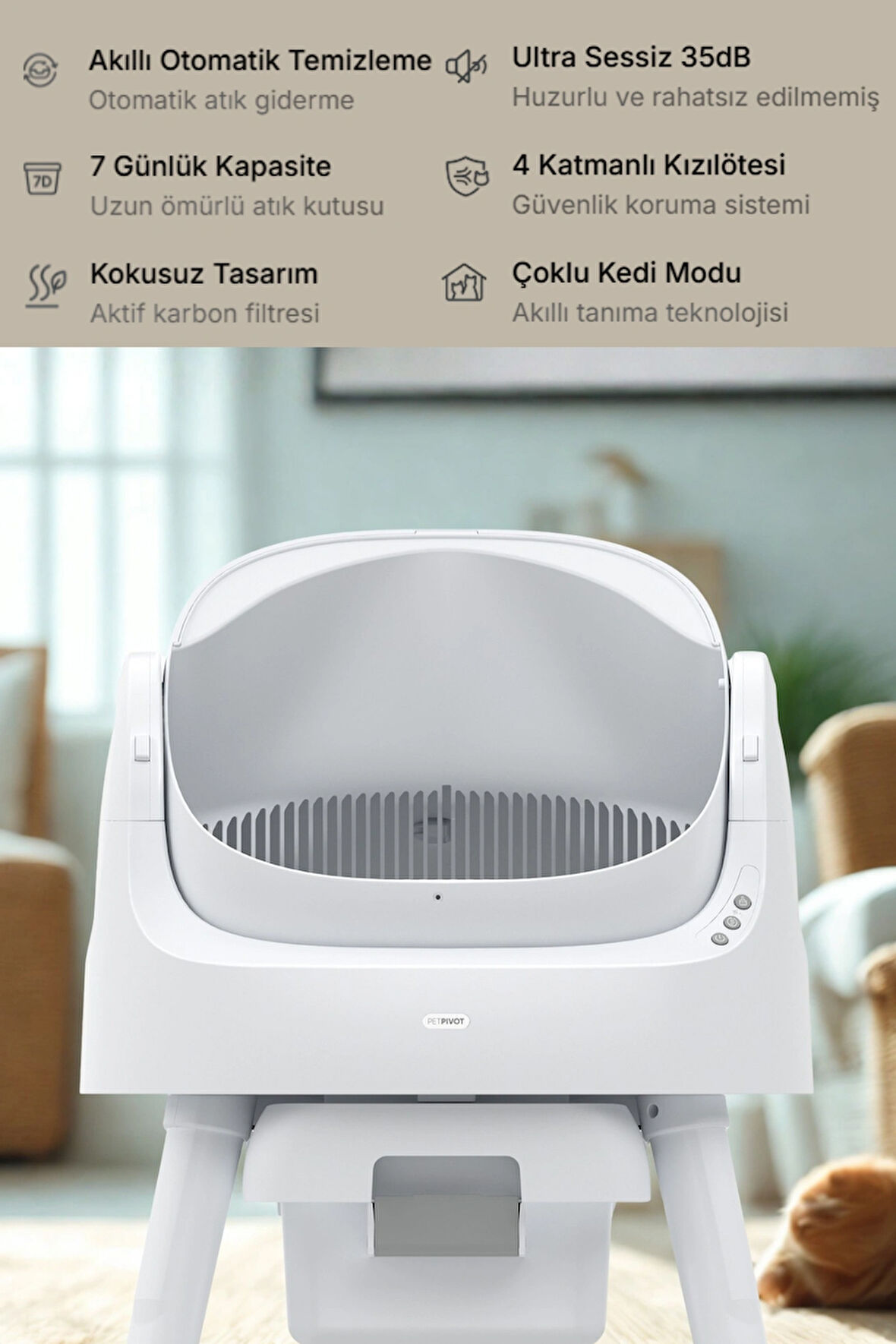 PetPivot Smart Cat Cleaner 65L Hacim 7L Kapasite Kedi Tuvaleti