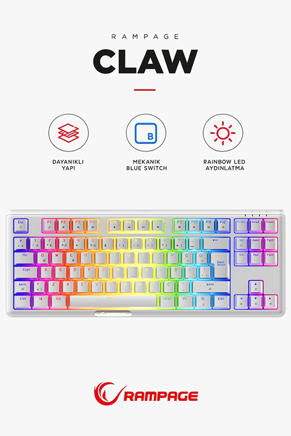 Claw Type-C Bağlantılı TKL Blue Switch Mekanik Rainbow Antighosting Türkçe Q Gaming Oyuncu Klavyesi Beyaz