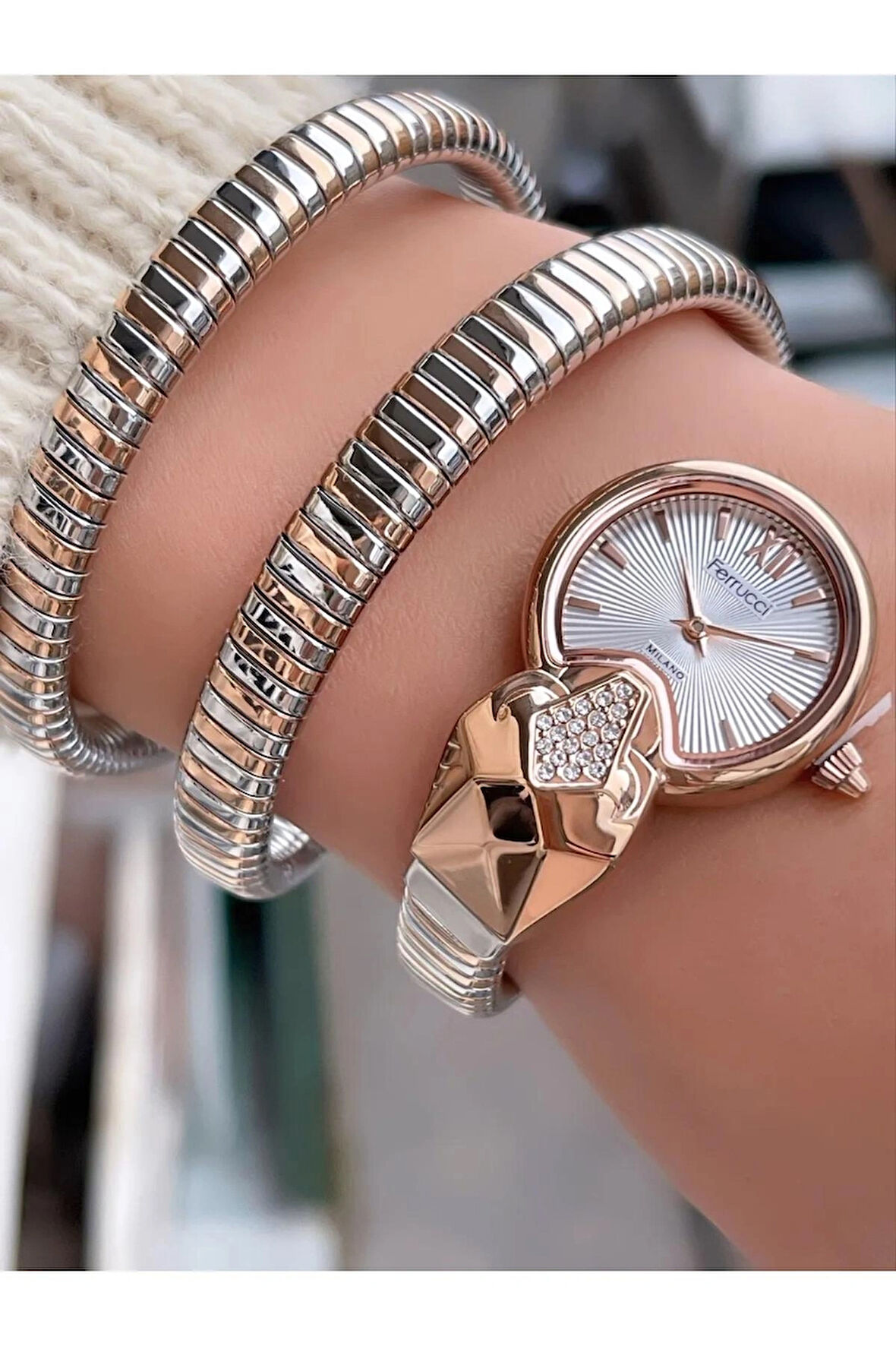 Ferrucci FC70053 Gümüş&Rose Renk Yılan Sarmalı Çelik Kadın Kol Saati 