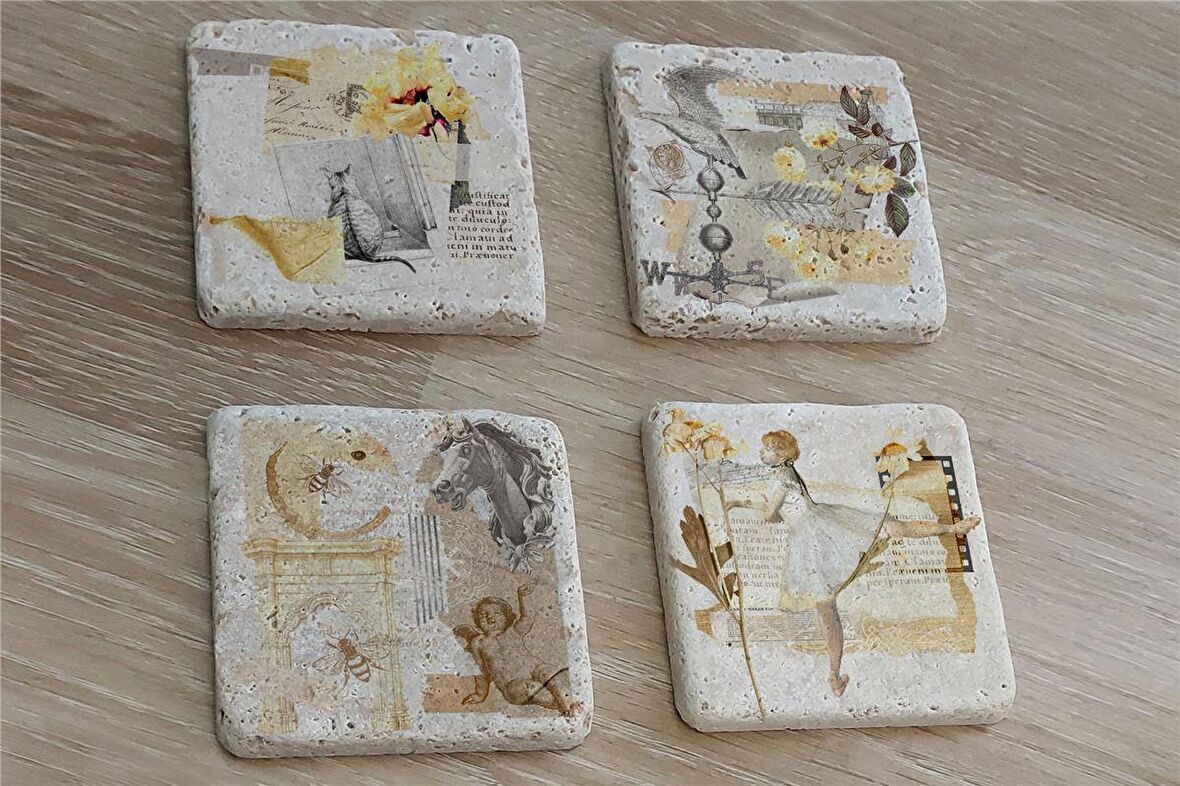 Vintage Figür Kolaj Doğal Taş Bardak Altlığı 4'lü set - Natural Stone Coasters