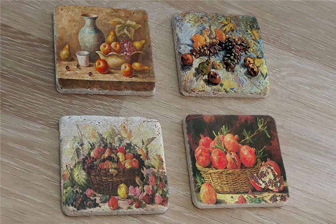 Natürmort Meyveler Doğal Taş Bardak Altlığı 4'lü set - Natural Stone Coasters