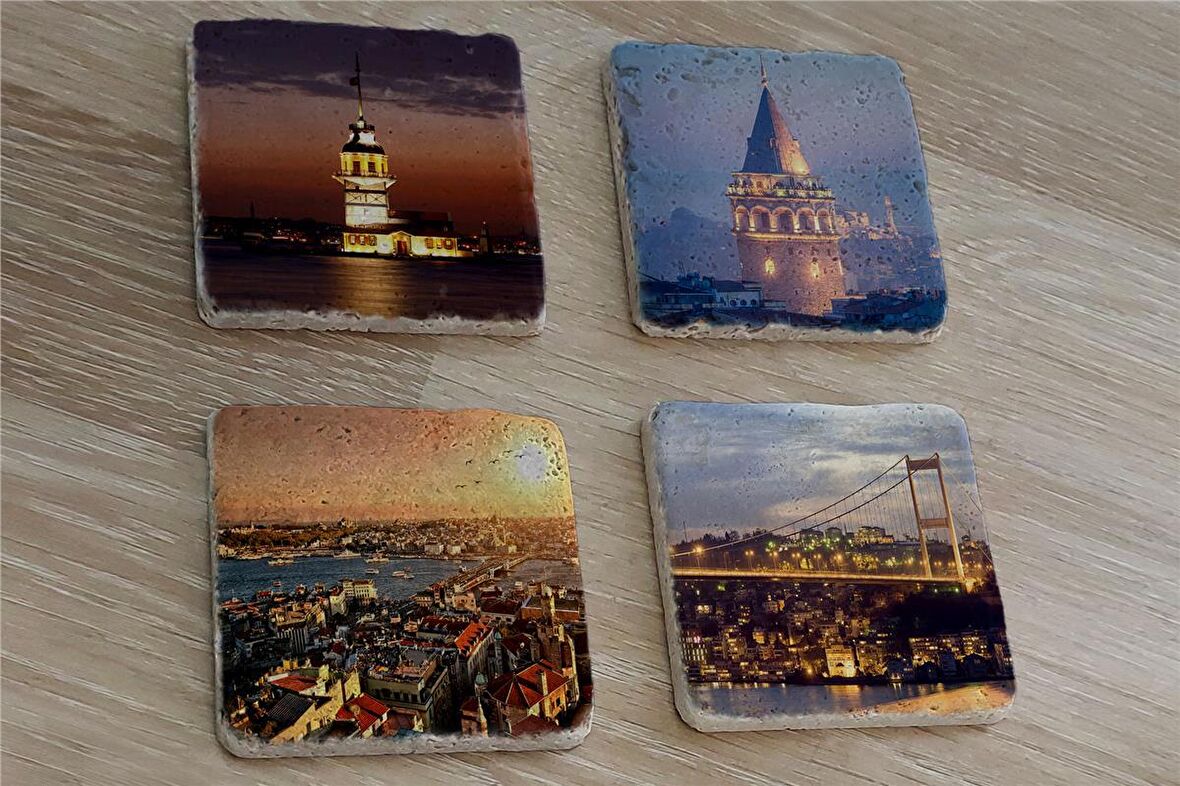 İstanbul Manzaraları Doğal Taş Bardak Altlığı 4'lü set - Natural Stone Coasters