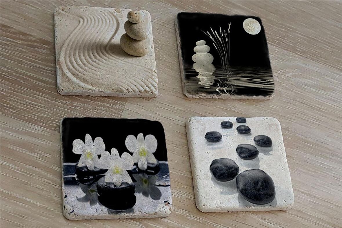 Spa Taşları ve Kiraz Çiçeği Doğal Taş Bardak Altlığı 4'lü set - Natural Stone Coasters