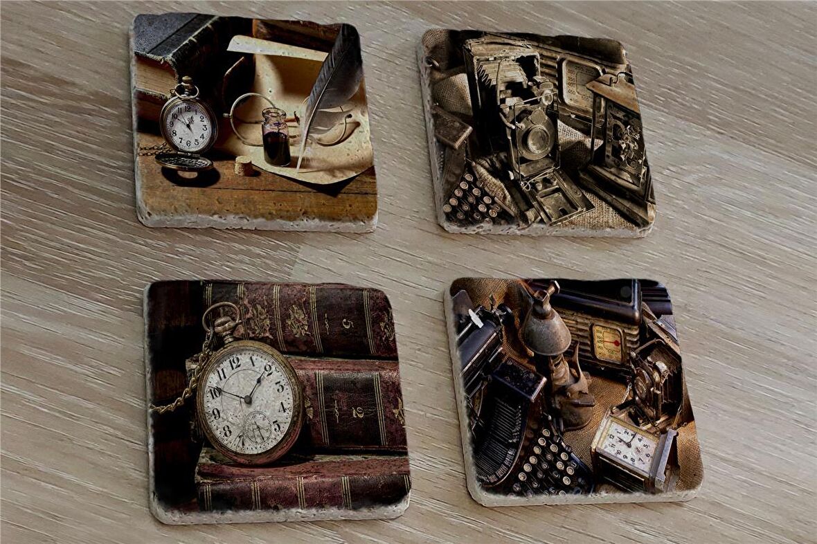 Köstekli Saat Daktilo Fotoğraf Makinesi Tüy Kalem Doğal Taş Bardak Altlığı 4'lü set - Natural Stone Coasters