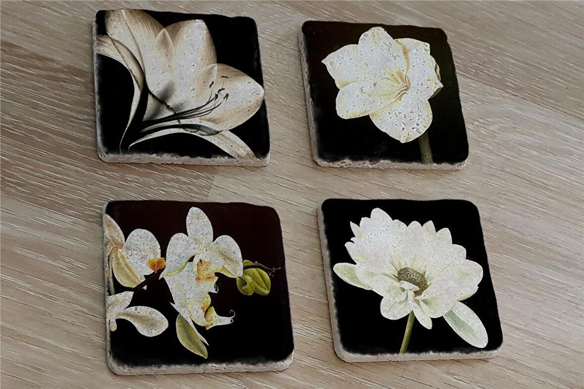Siyah Zemin Orkide Gerbera ve Çiçekler Doğal Taş Bardak Altlığı 4'lü set - Natural Stone Coasters