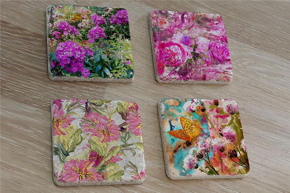 Kelebekli Çiçekler Doğal Taş Bardak Altlığı 4'lü set - Natural Stone Coasters