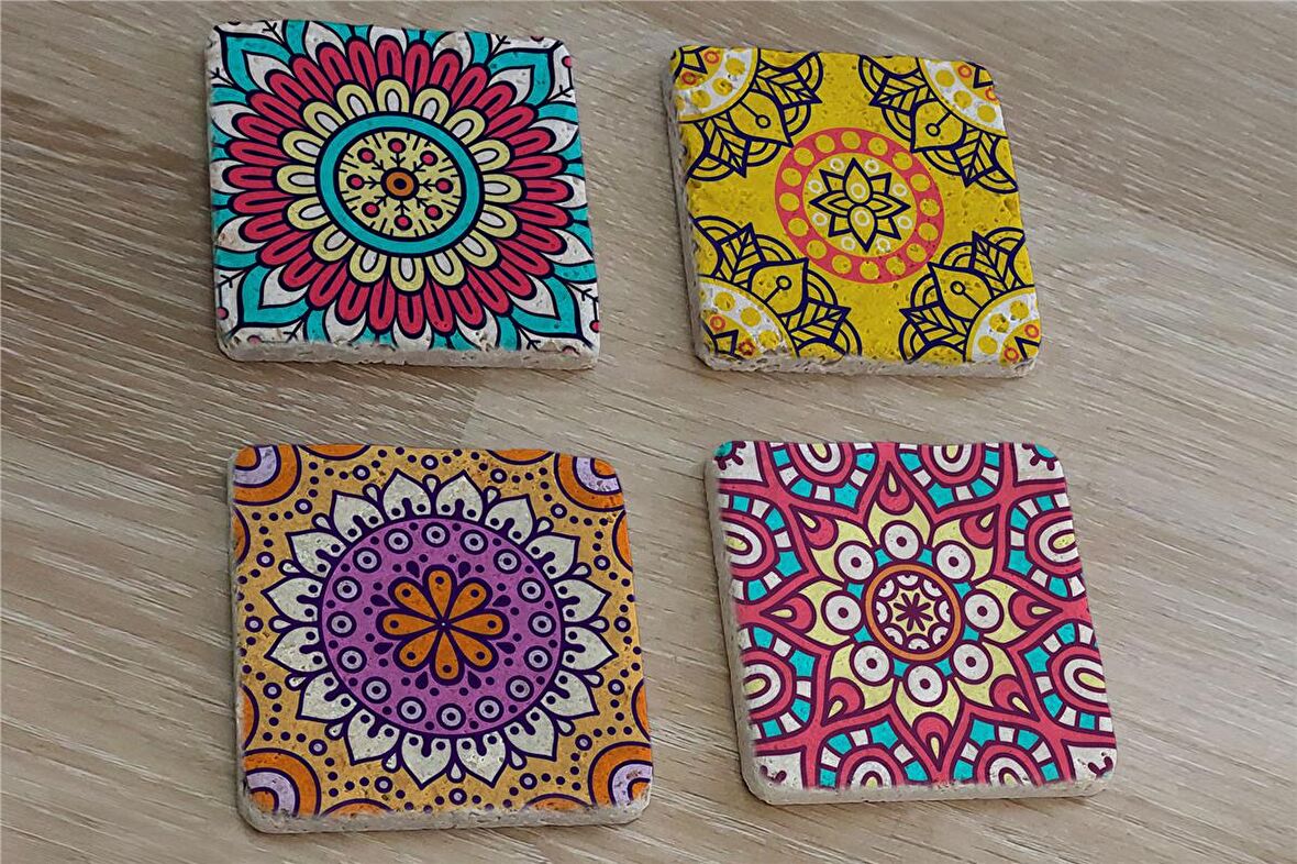 Mandala Desenleri Doğal Taş Bardak Altlığı 4'lü set - Natural Stone Coasters