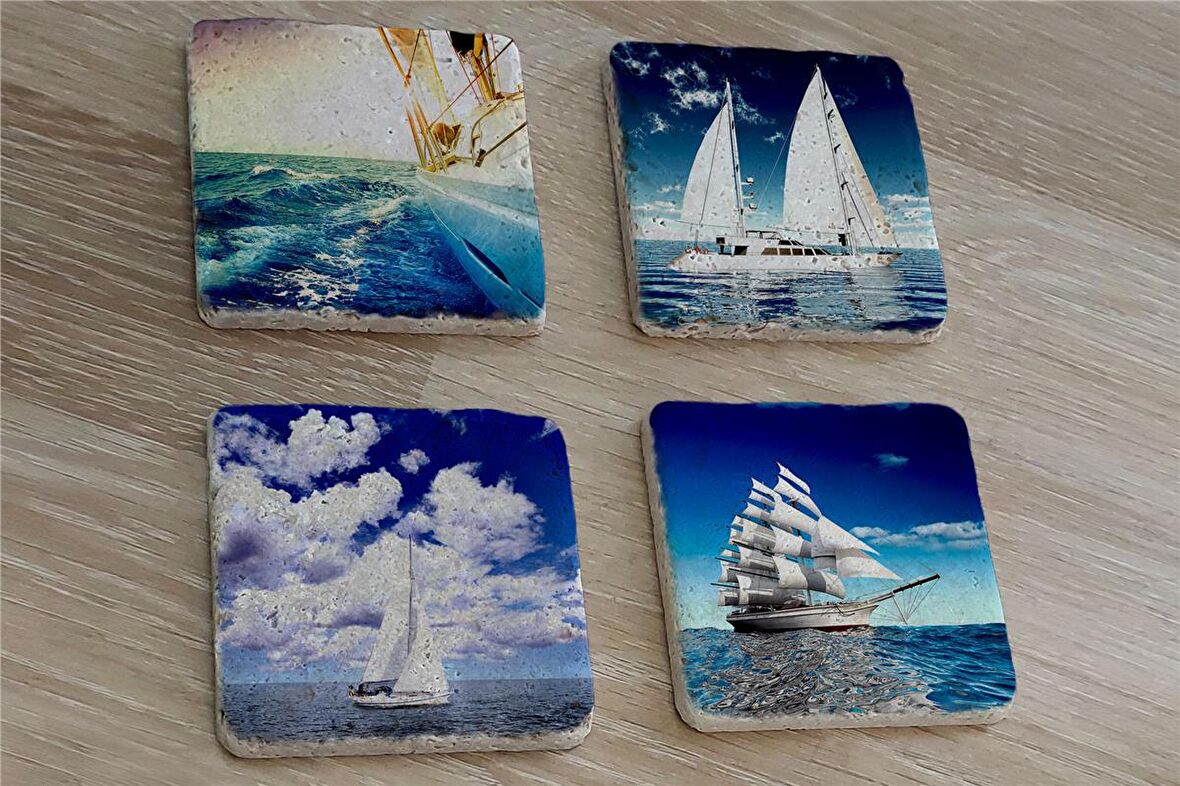 Deniz ve Yelkenliler Doğal Taş Bardak Altlığı 4'lü set - Natural Stone Coasters