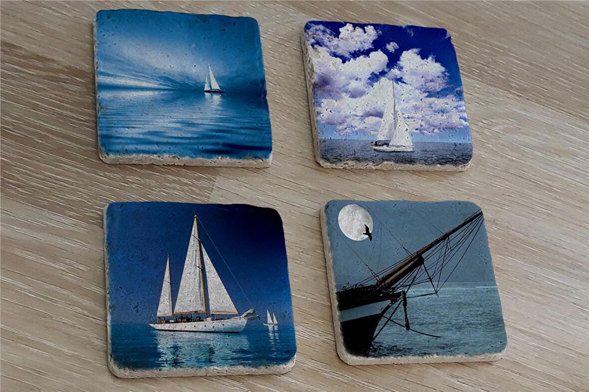 Deniz ve Yelkenliler Doğal Taş Bardak Altlığı 4'lü set - Natural Stone Coasters